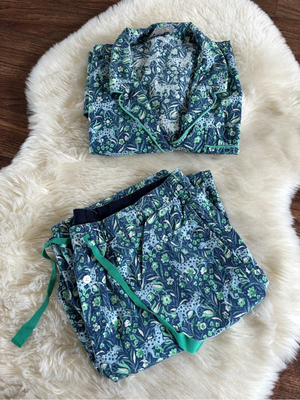 J.Crew Fauna Floral Blue Spotted Leopard Cotton Poplin Pajama Set Medium